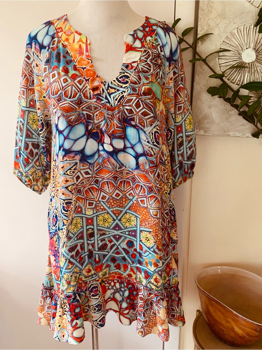 True Colours by La Moda Multi Color Mosaic Boho Silk Dress Size S/M
